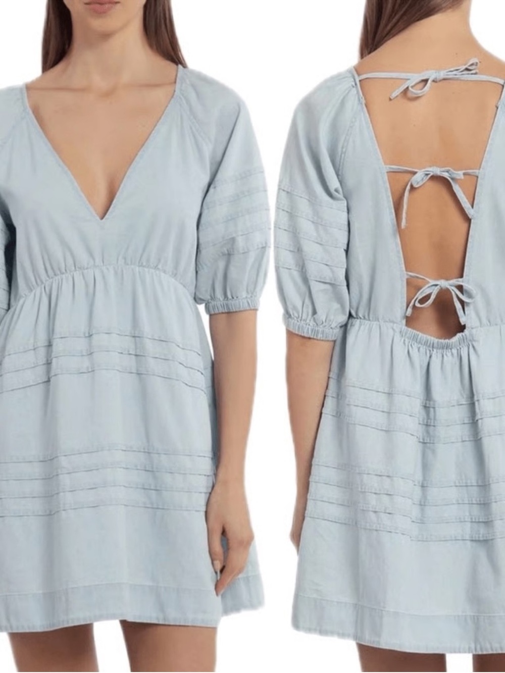 7 For All Mankind Chambray Denim Puff Sleeve Babydoll Dress Mini Size Medium